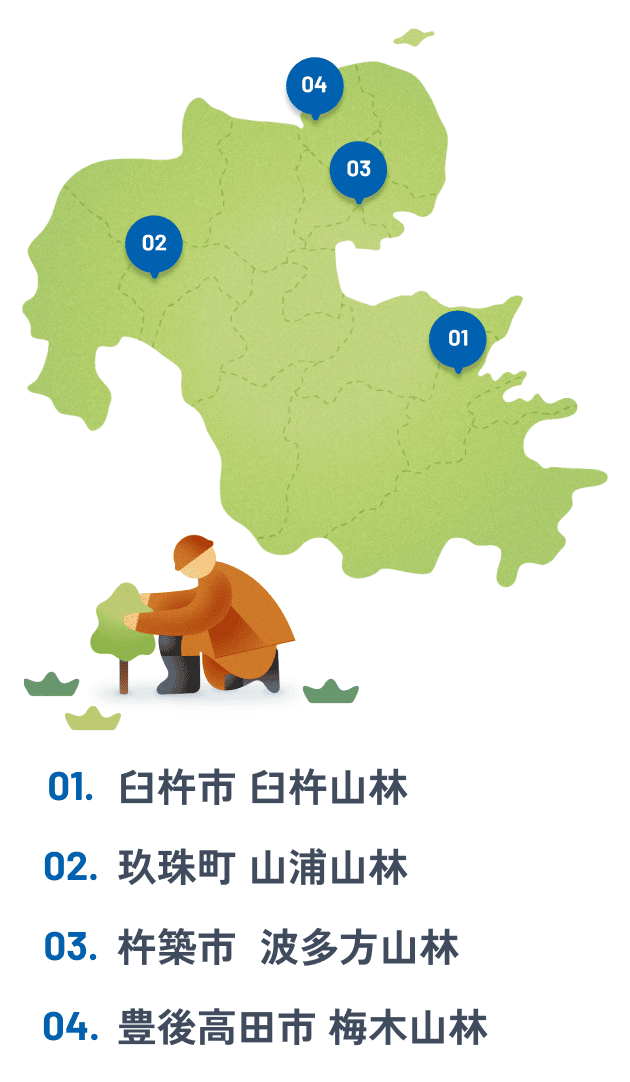 大分県の地図。1.臼杵市 臼杵山林 2.玖珠町 山浦山林 3.杵築市  波多方山林 4.豊後高田市 梅木山林